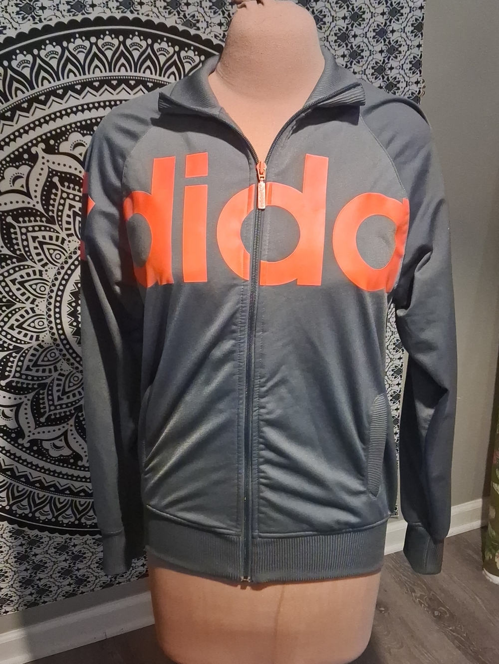 adidas Gray Full-Zip Hoodie with Bright Orange Logo